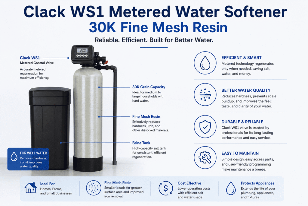 Clack WS1 metered water softener 30K fine mesh resin