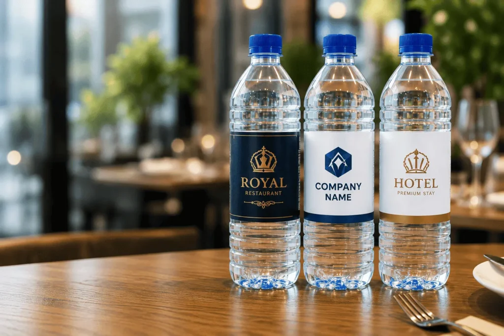 Premium customized mineral water bottles with custom branding for restaurants, hotels, corporate events, weddings, and promotional marketing campaigns in Pakistan.